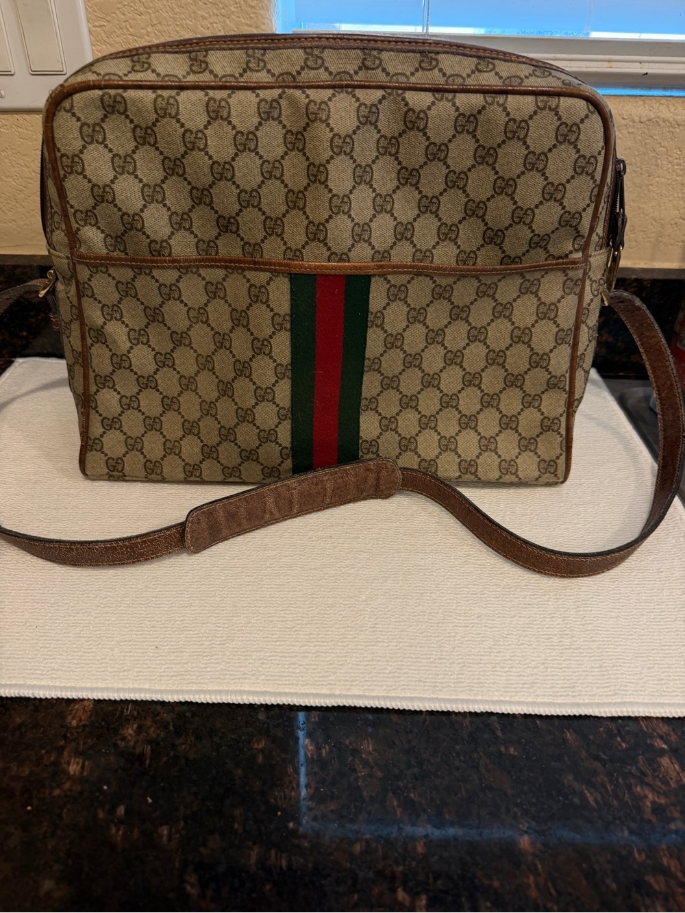 1970s Gucci Messenger Bag GG Coated Canvas Shows Wear